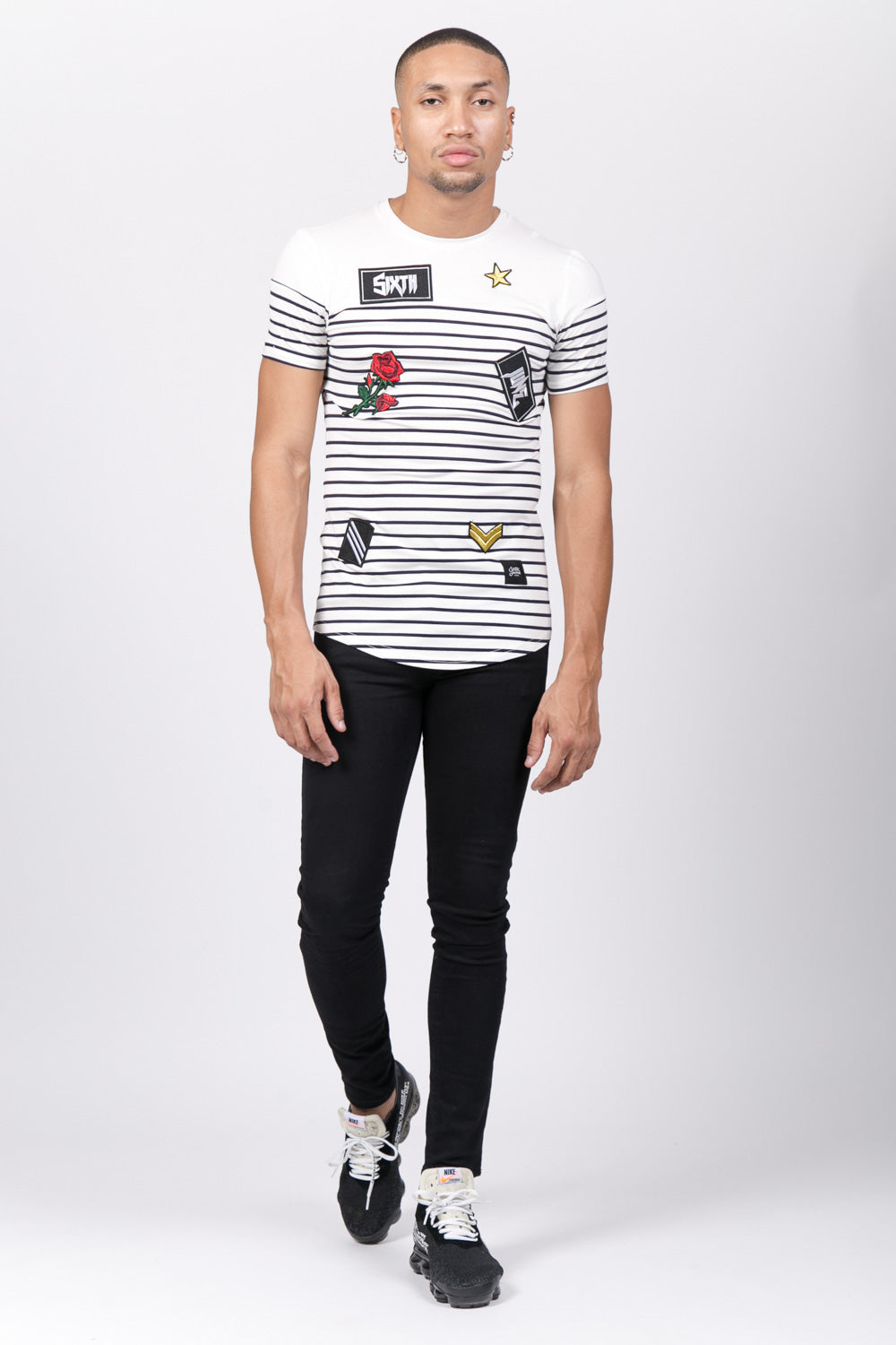 Sixth June - T-shirt marinière patchs rock blanc bleu