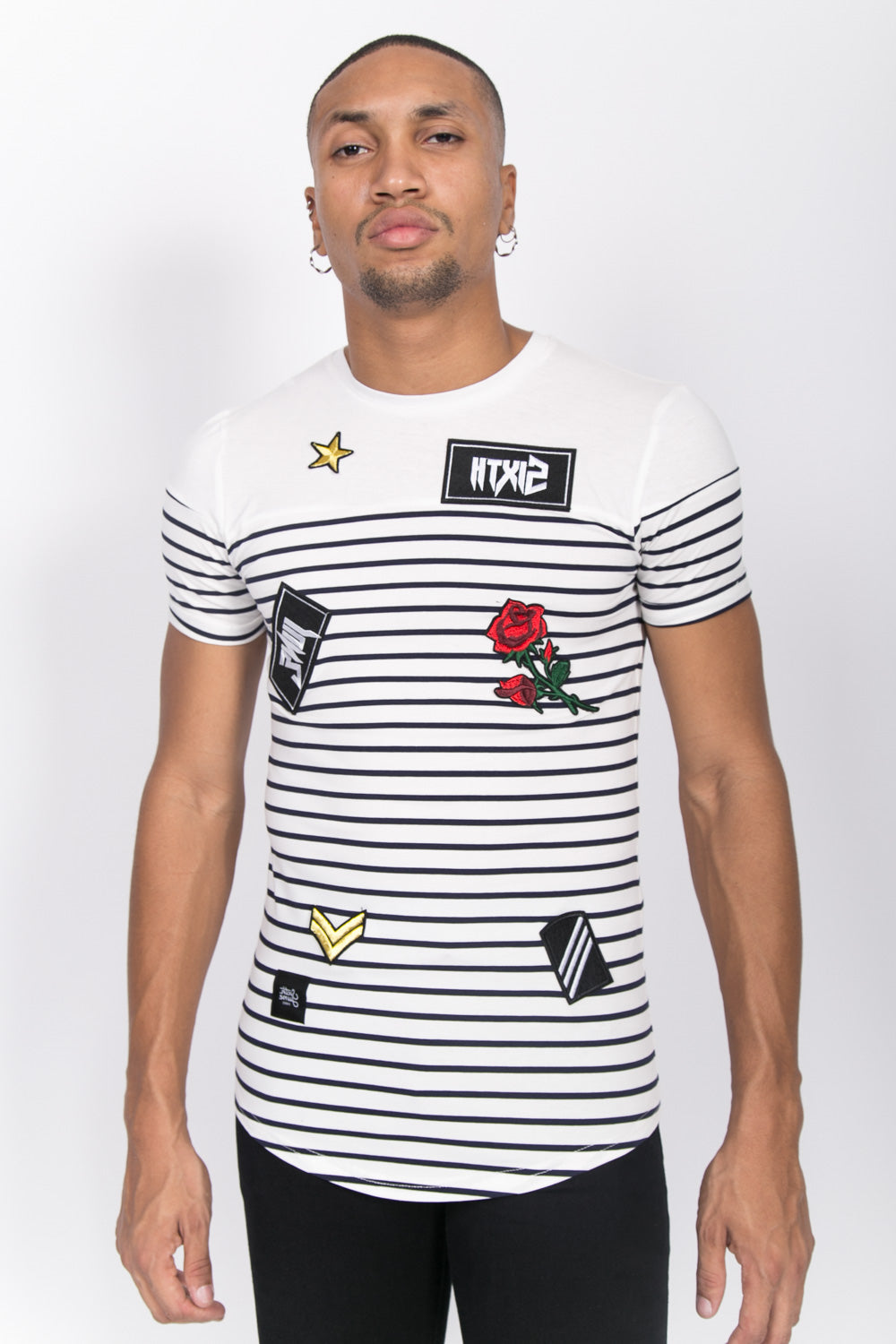 Sixth June - T-shirt marinière patchs rock blanc bleu