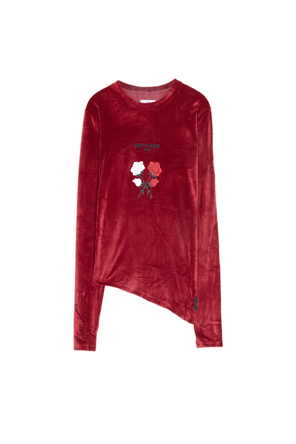 Asymmetrisches T-Shirt aus burgunderrosafarbenem Samt