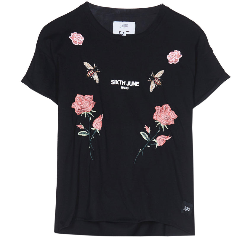 Sixth June - T-shirt ouvert roses guêpes noir