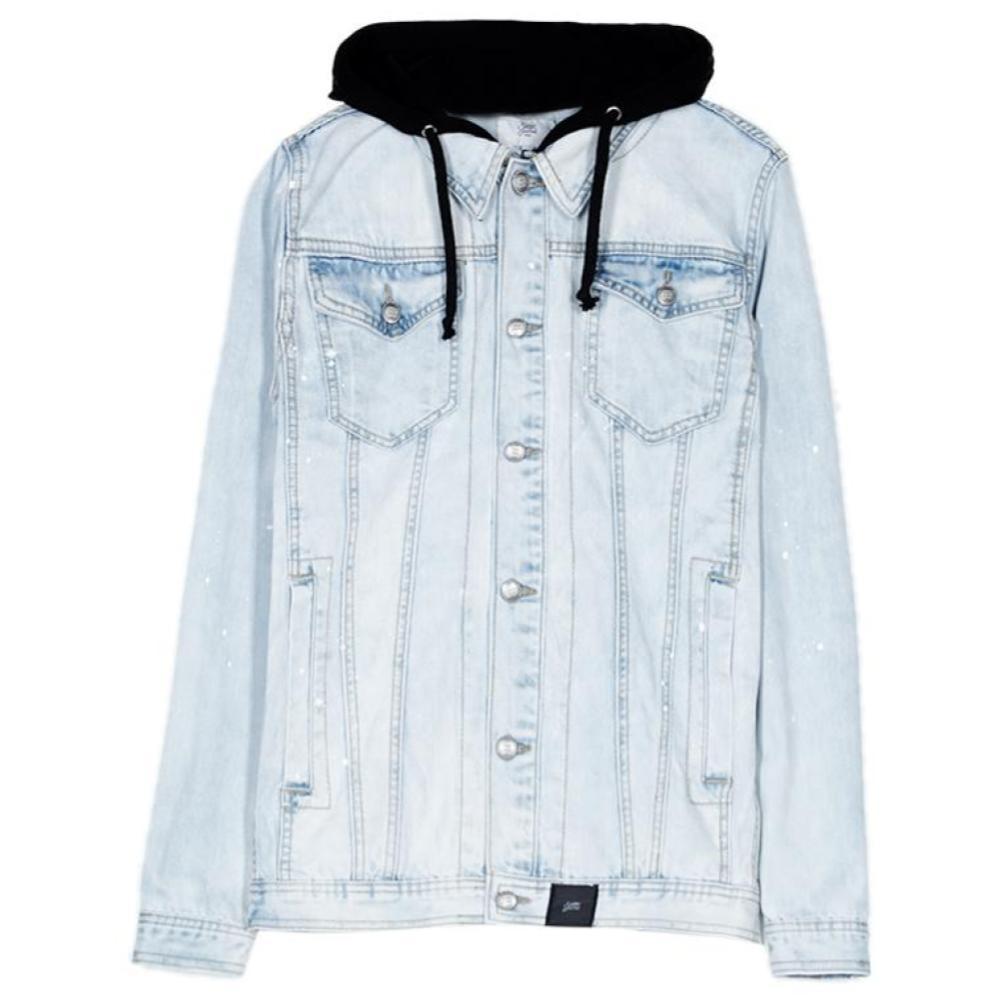 denim jacket with jersey hood