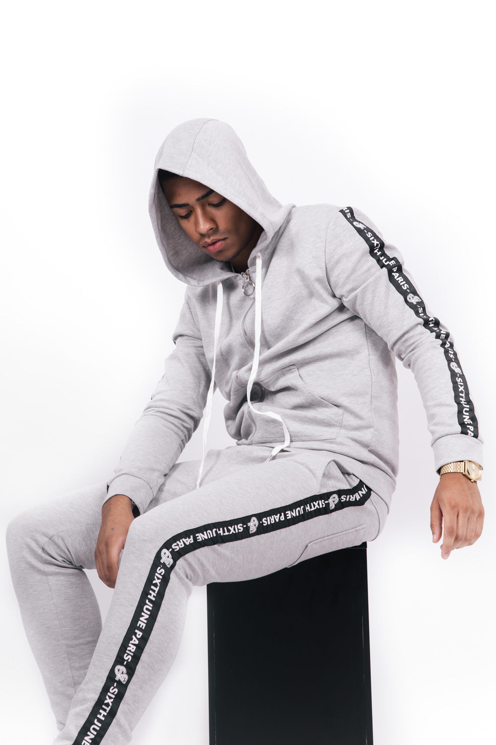 Sixth June - Sweat capuche bandes texte gris noir