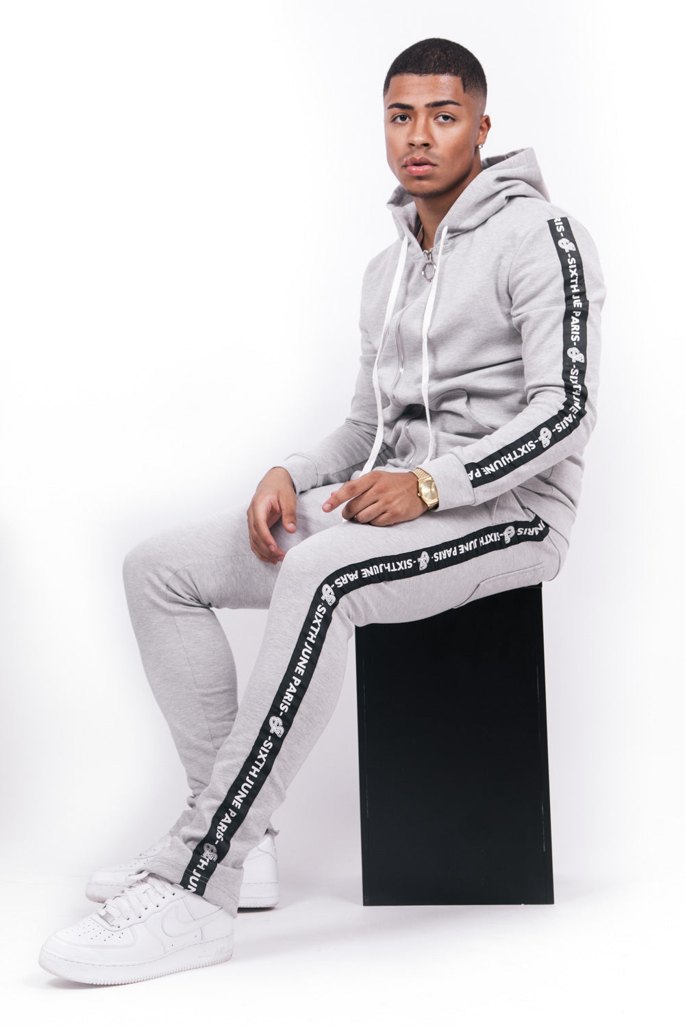 Sixth June - Sweat capuche bandes texte gris noir