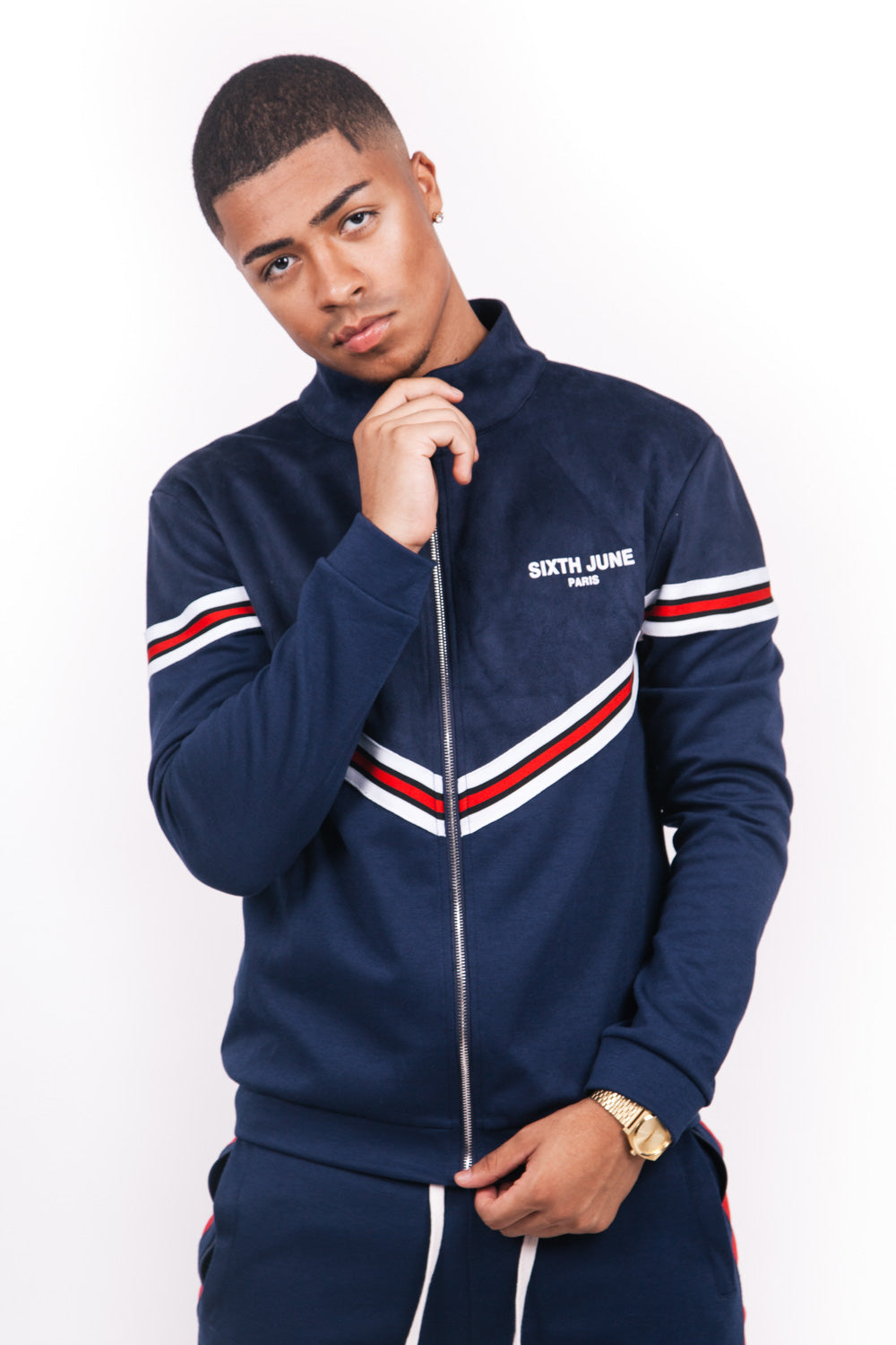 Sixth June - Veste bi-matière bandes V bleu