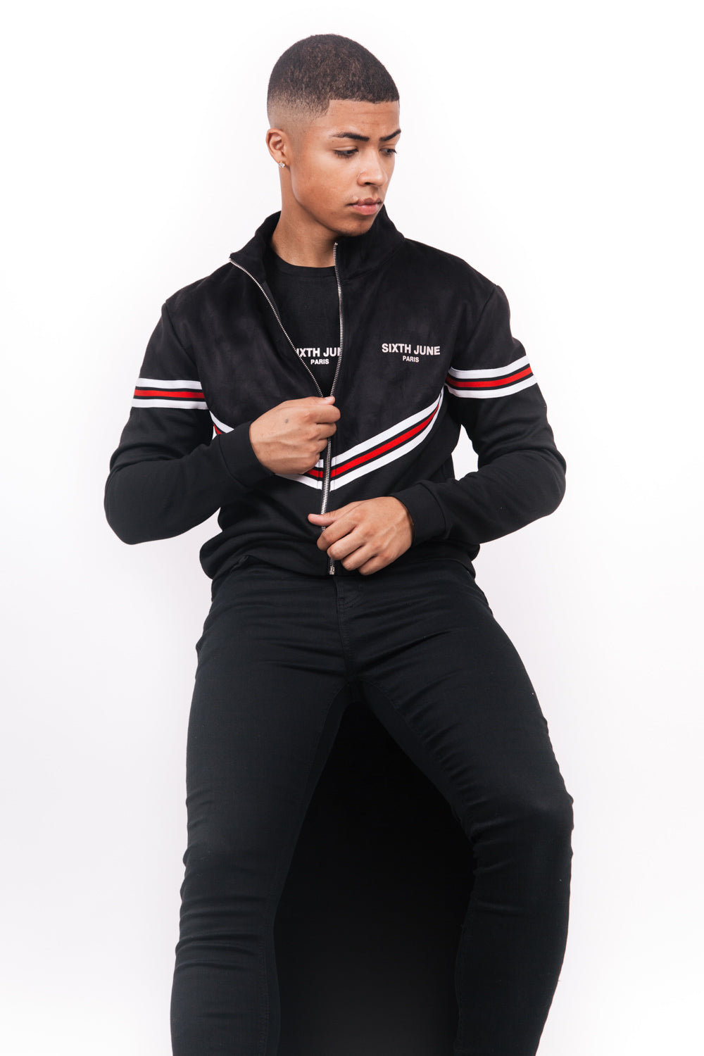 Sixth June - Veste bi-matière bandes V noire