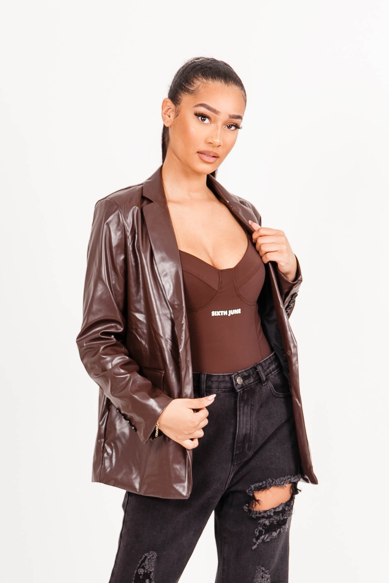 Sixth June - Veste blazer simili cuir Marron