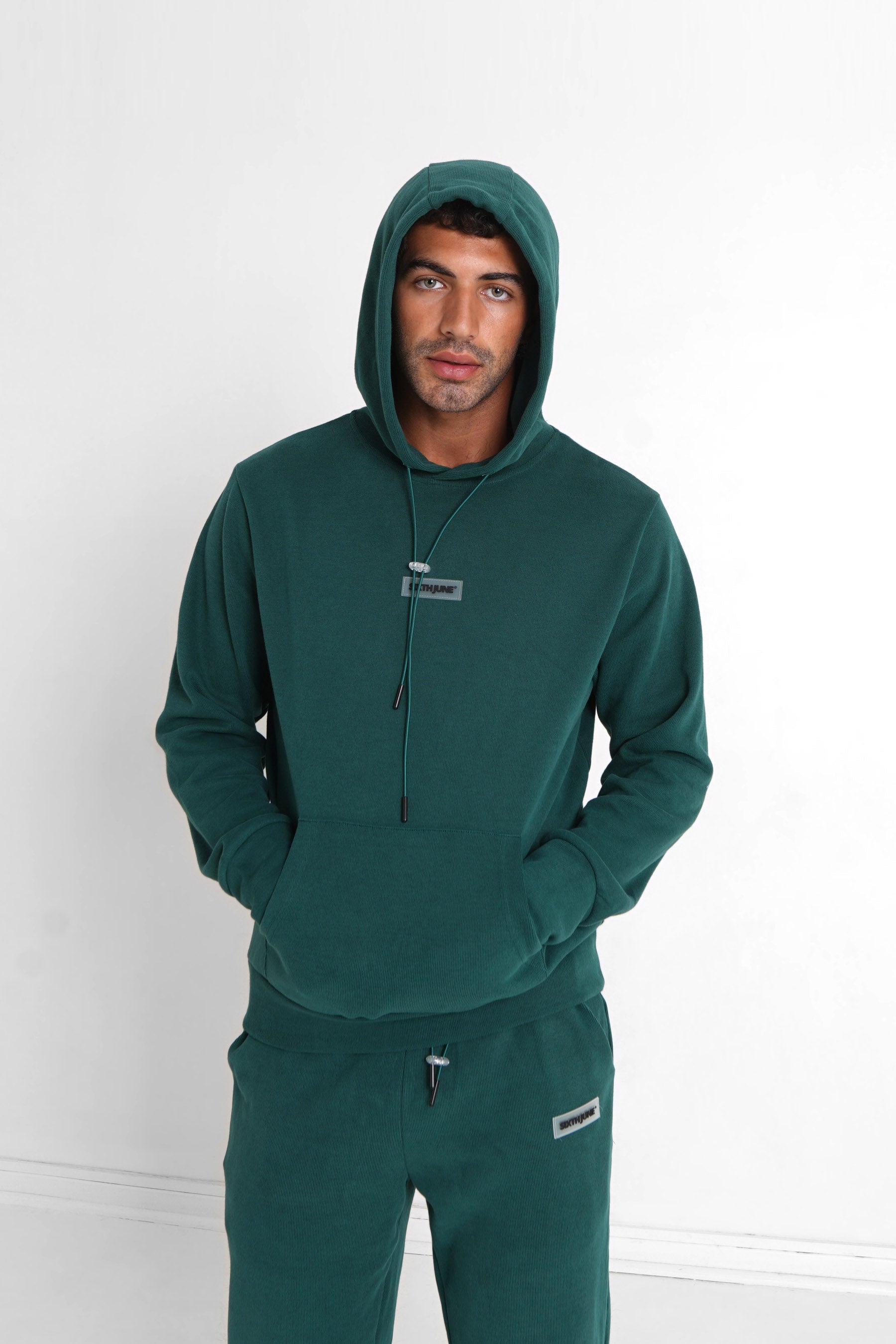 Sixth June - Sweat capuche côtelé patch Vert foncé