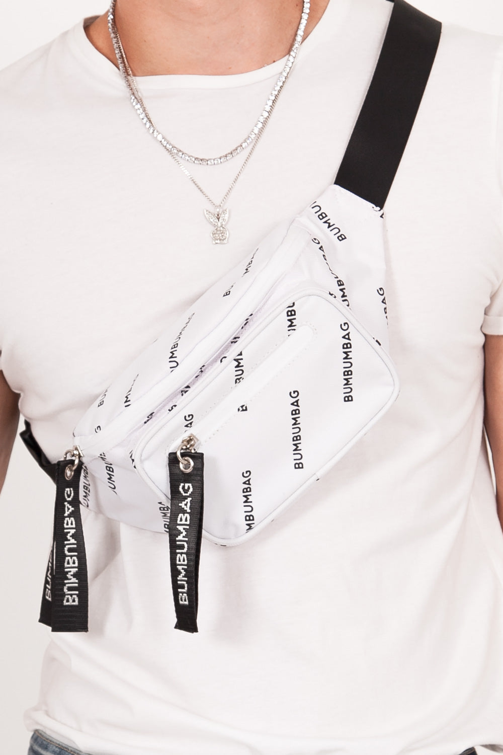 BumBumBag - Sac banane logomania double zips blanc