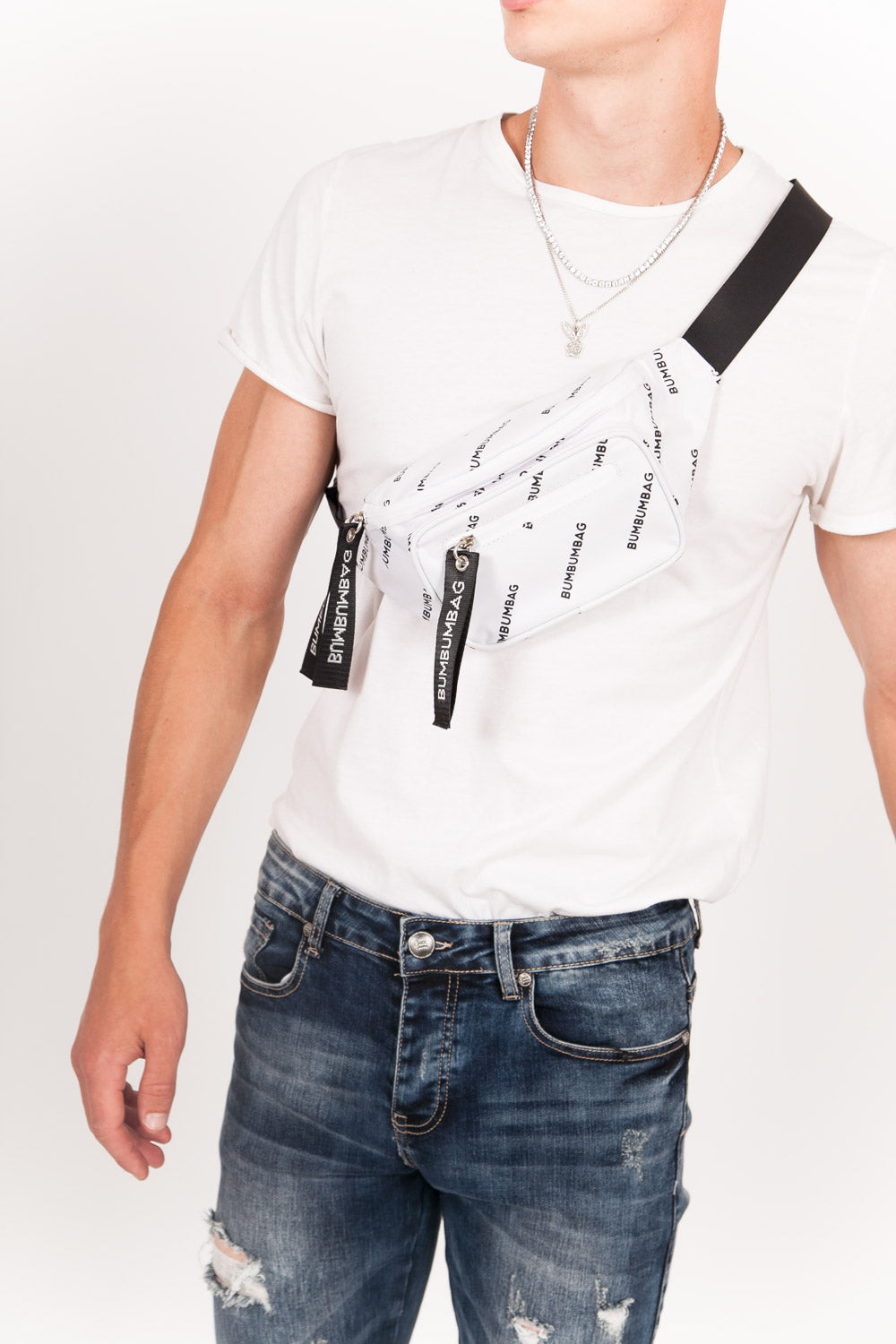 BumBumBag - Sac banane logomania double zips blanc