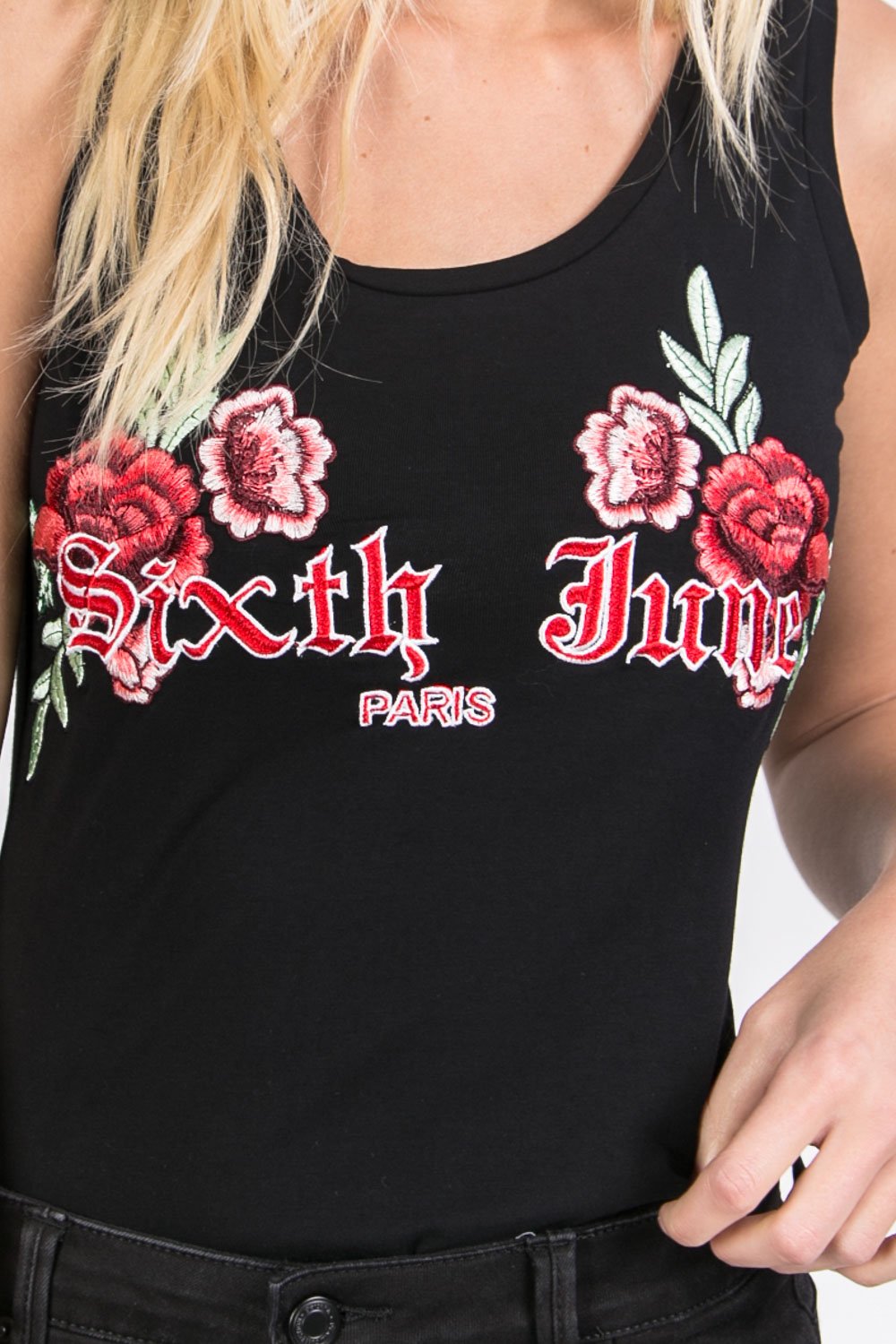 Body imprimé broderies fleurs noir