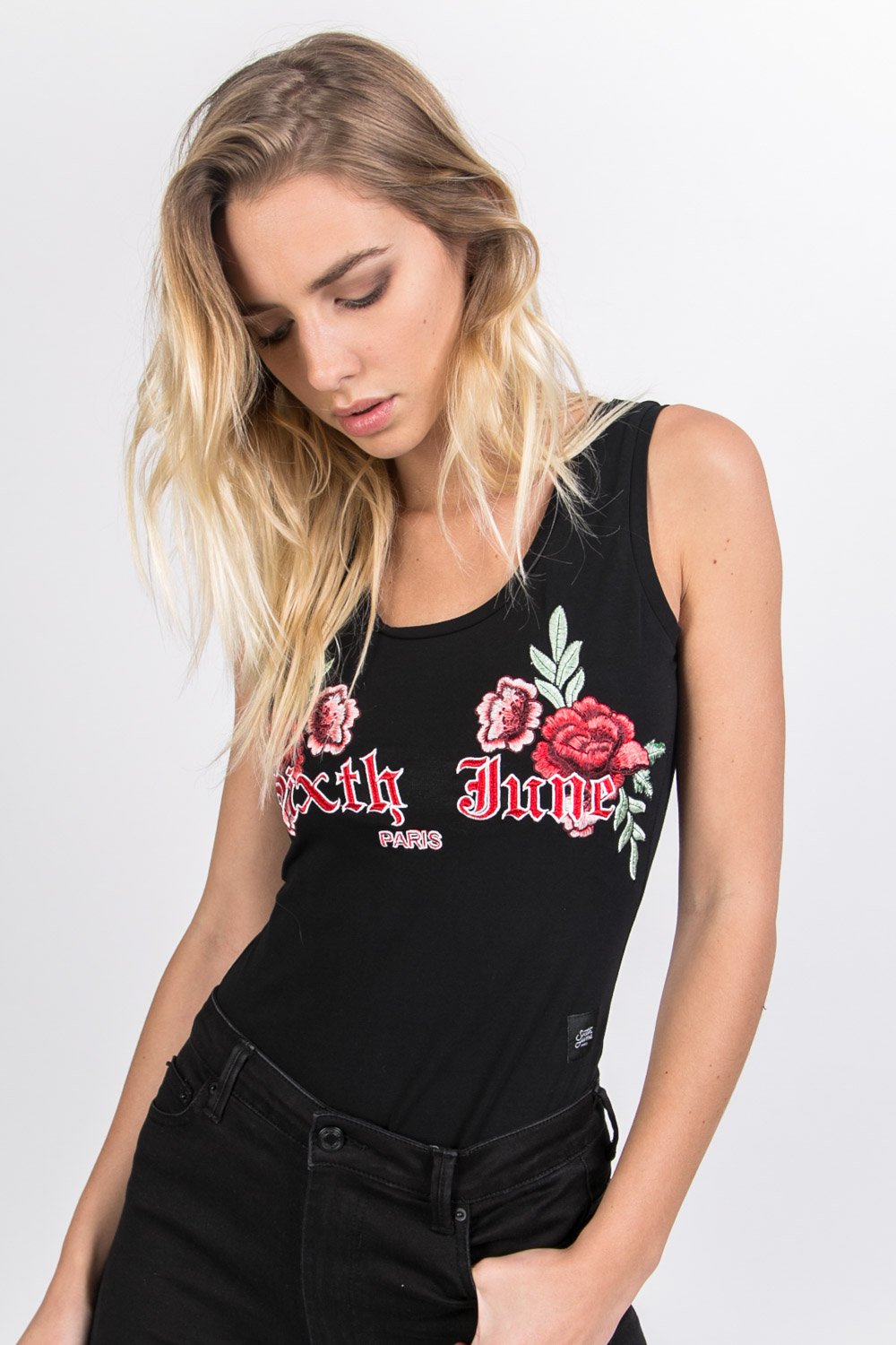 Flowers Embroideries Print Body Black