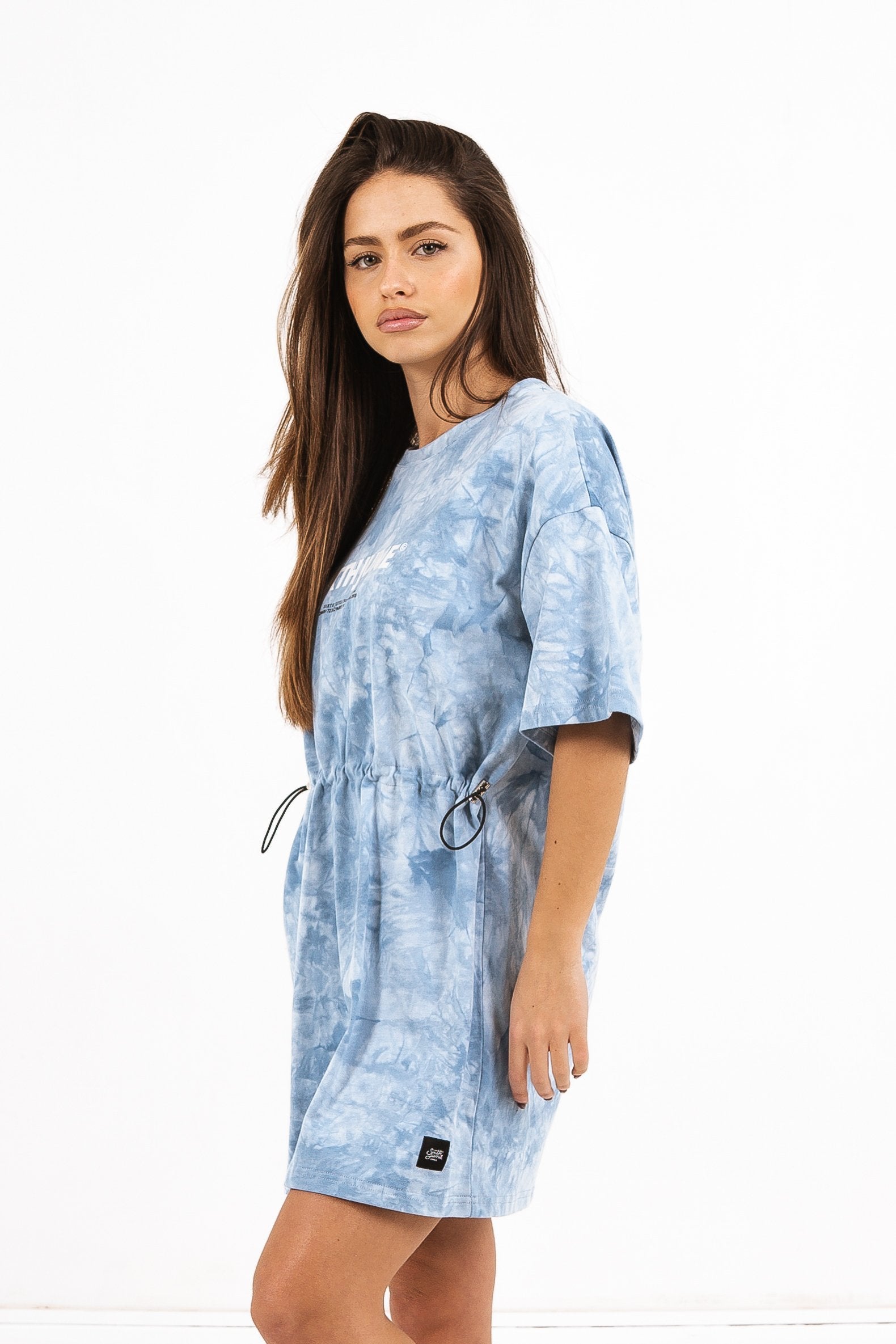 Tie dye drawstrings t-shirt dress Blue
