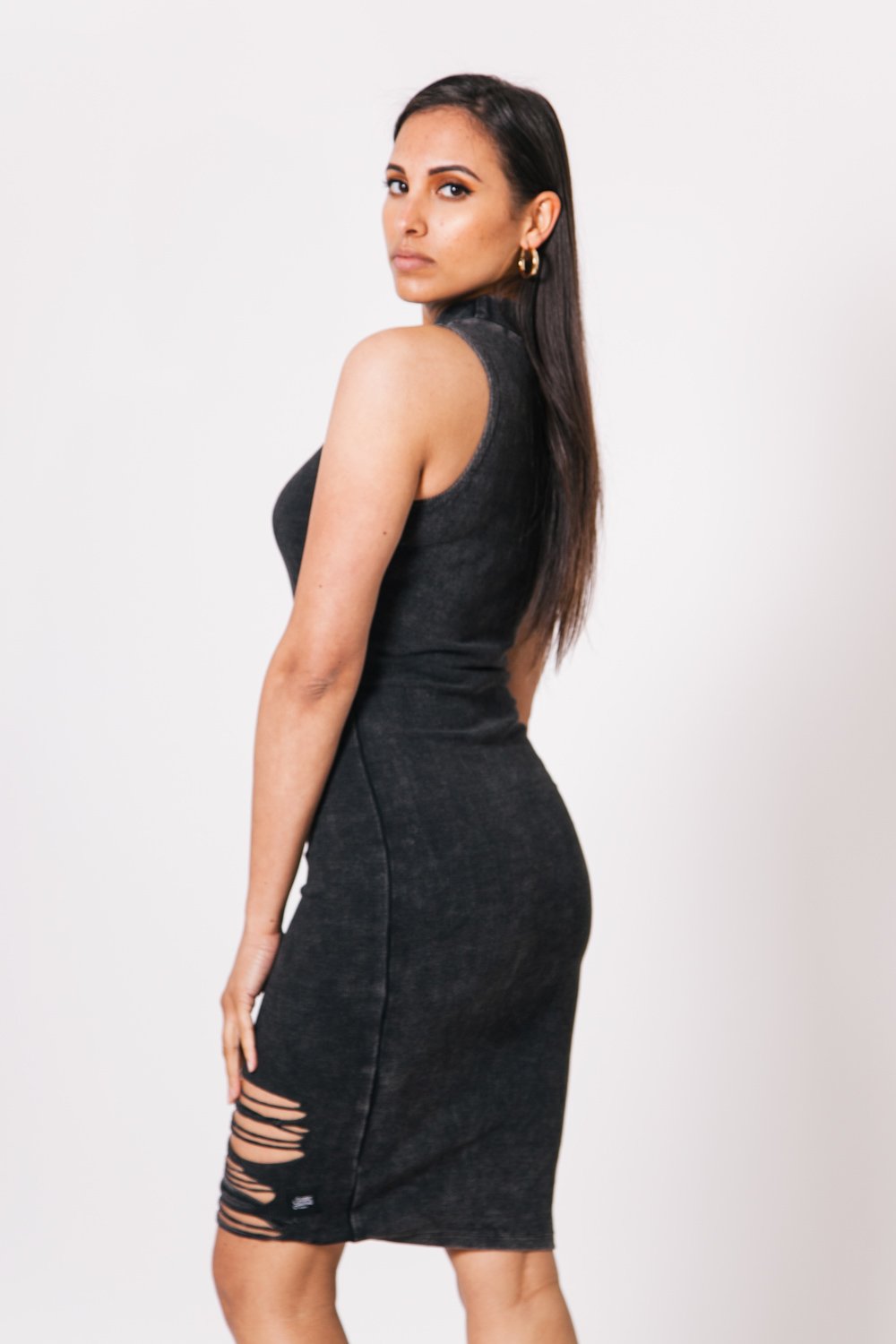 Destroyed Ribbed Dress Black