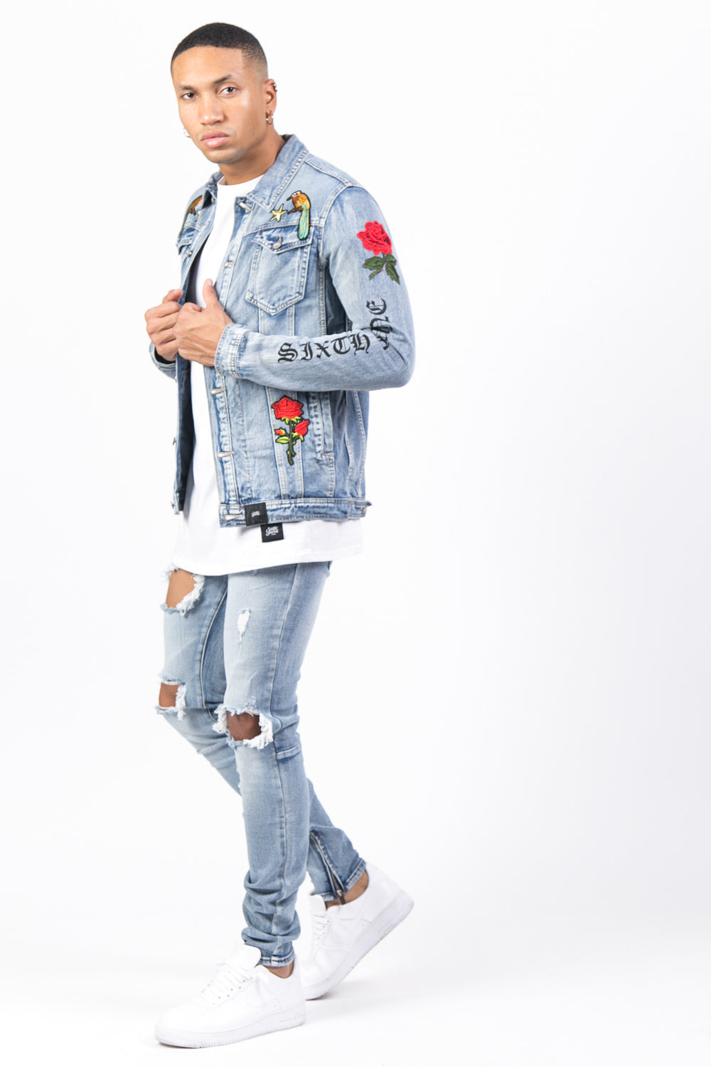 Sixth June - Veste jean patchs roses imprimés bleu