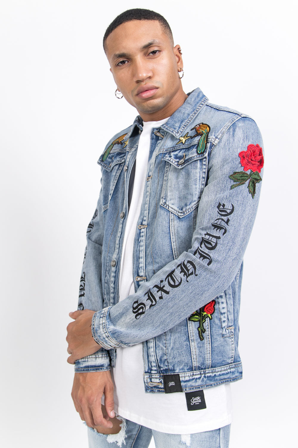 Sixth June - Veste jean patchs roses imprimés bleu