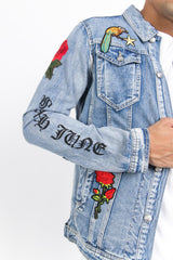 Sixth June - Veste jean patchs roses imprimés bleu