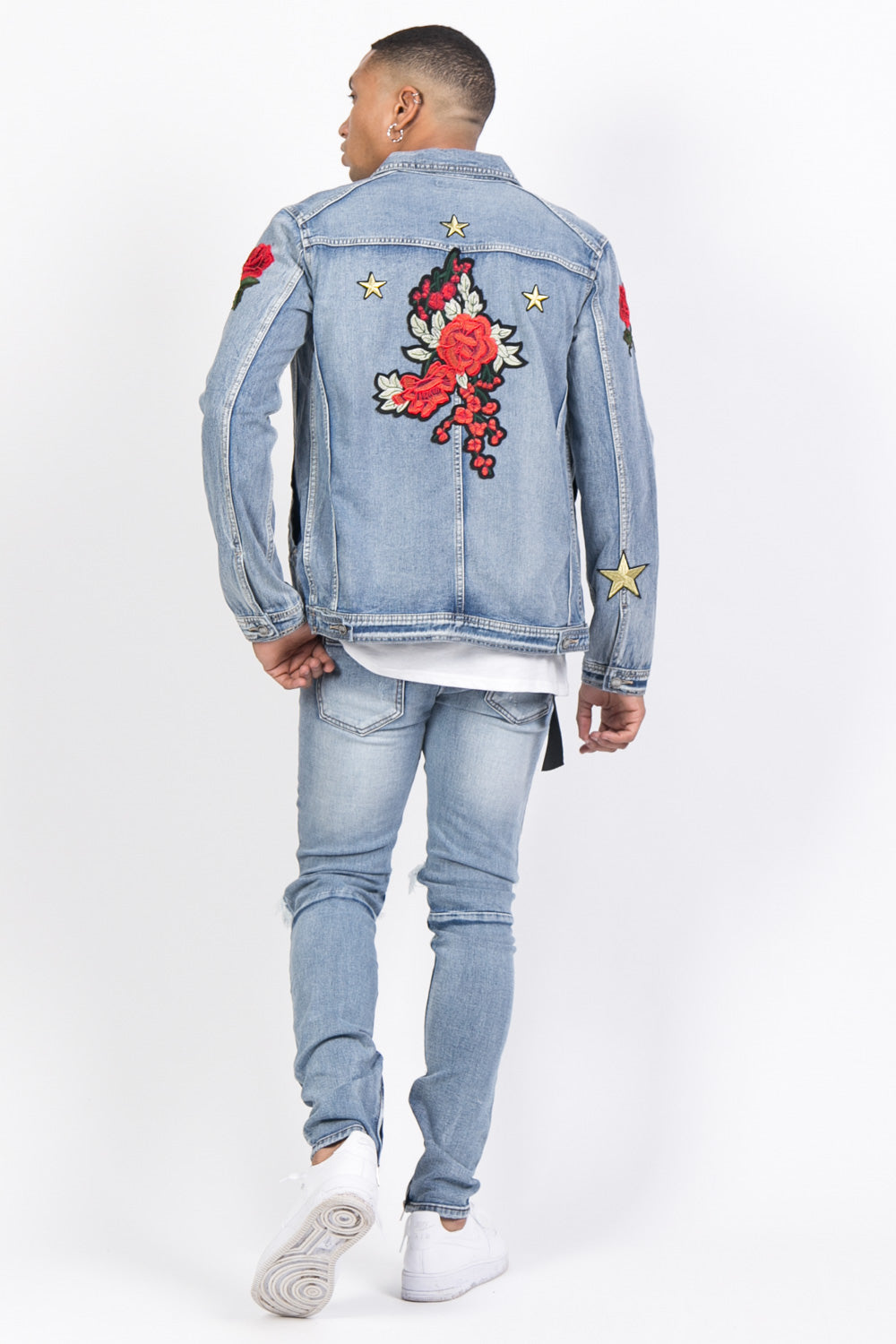 Sixth June - Veste jean patchs roses imprimés bleu