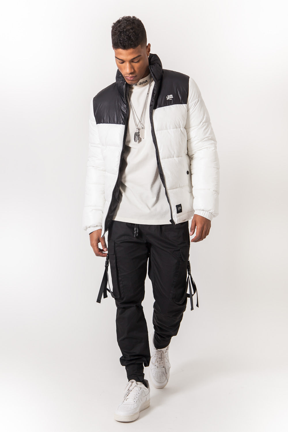 Sixth June - Doudoune vinyle brillant bicolore blanc noir