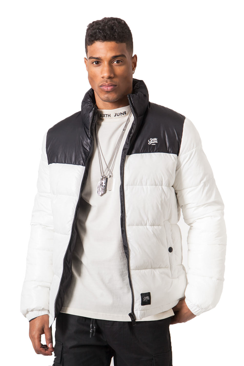 Sixth June - Doudoune vinyle brillant bicolore blanc noir