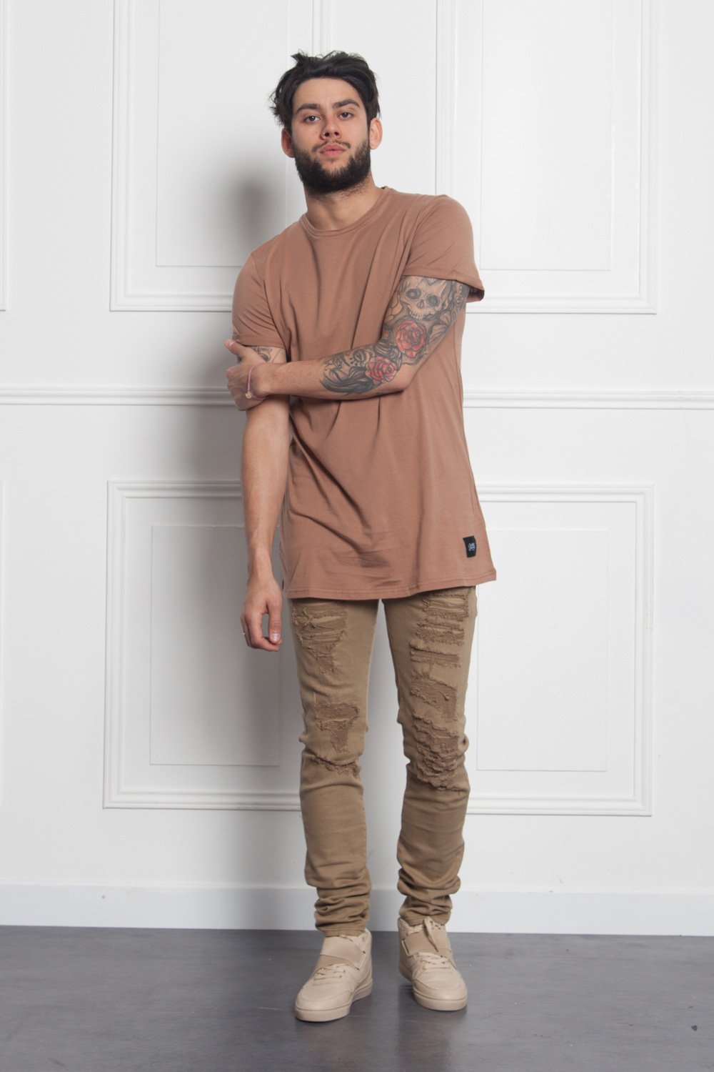 Denim destroyed inside patches sand