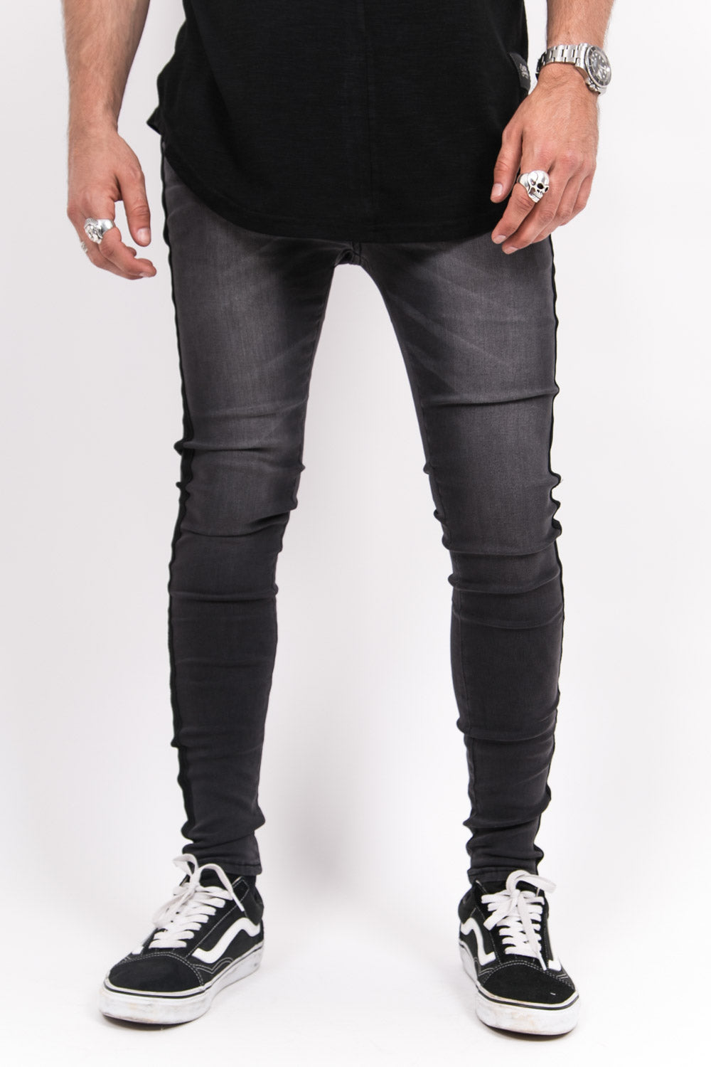 Sixth June - Jean bande noir gris foncé