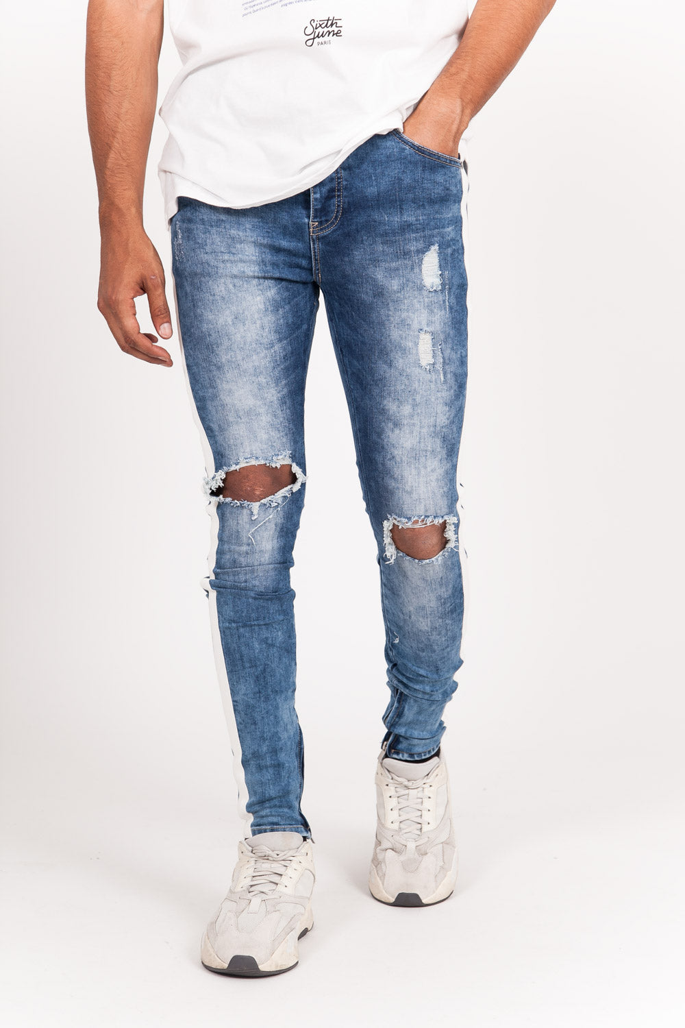 Sixth June - Jean trous bandes blanches bleu foncé