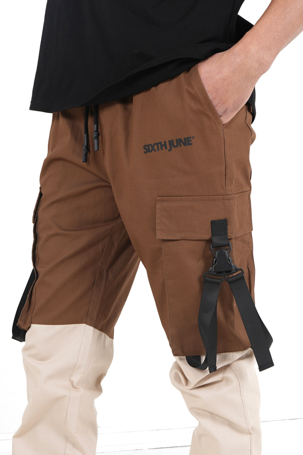 Sixth June - Pantalon cargo bicolore sangles Marron