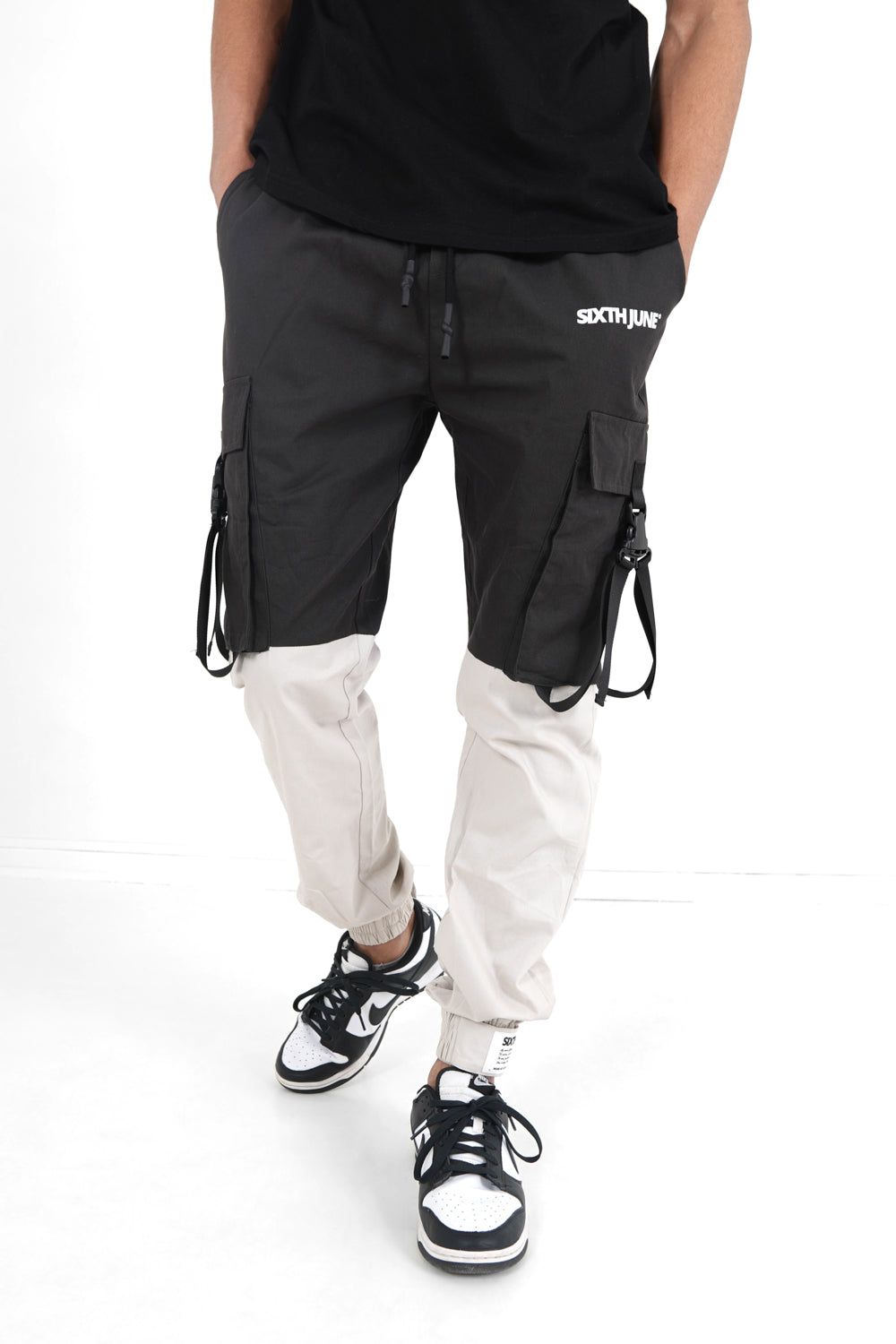 Sixth June - Pantalon cargo bicolore sangles Noir