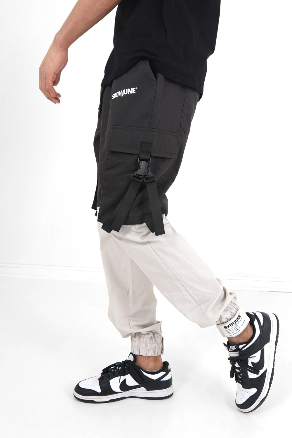 Sixth June - Pantalon cargo bicolore sangles Noir