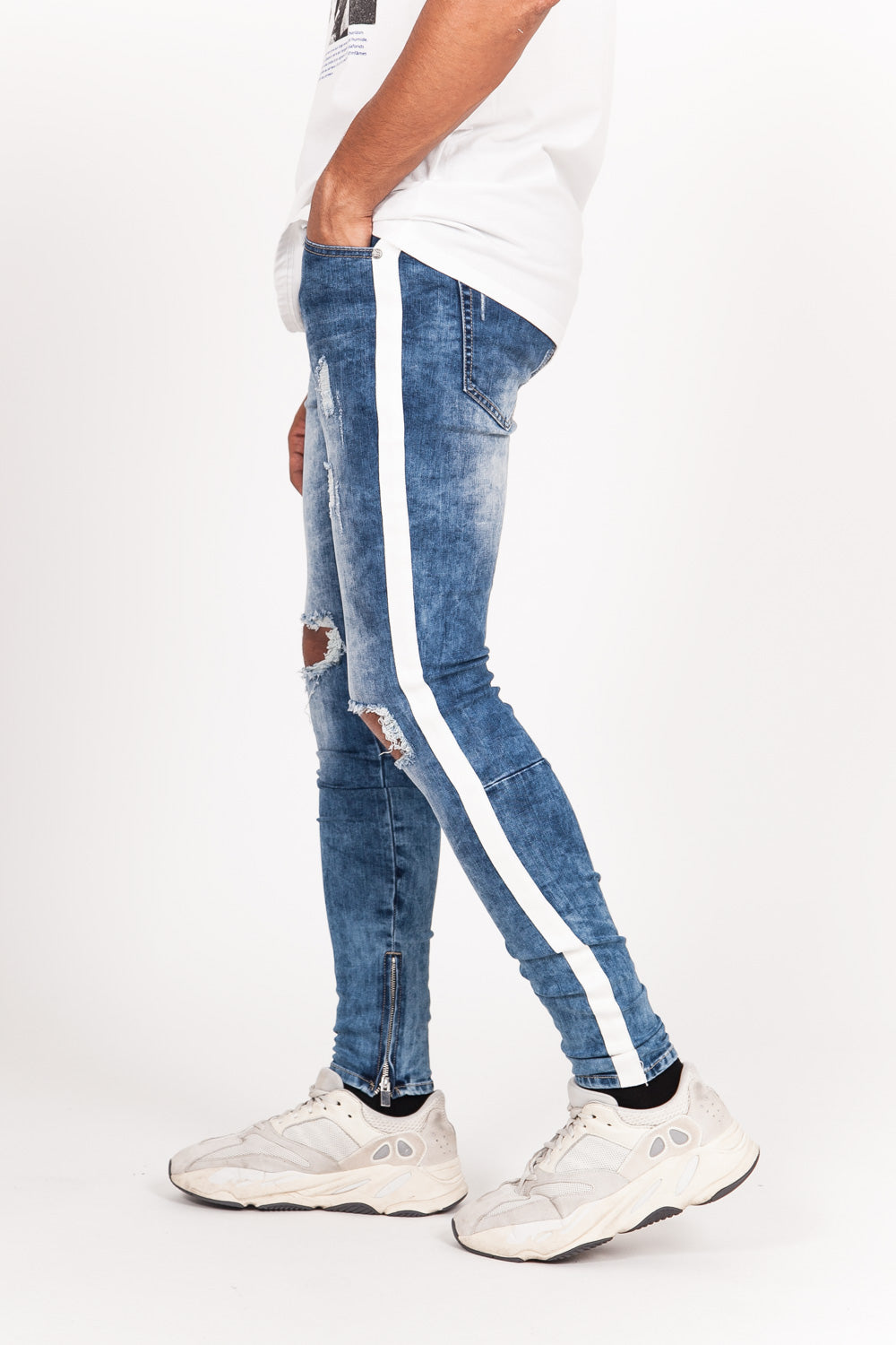 Sixth June - Jean trous bandes blanches bleu foncé