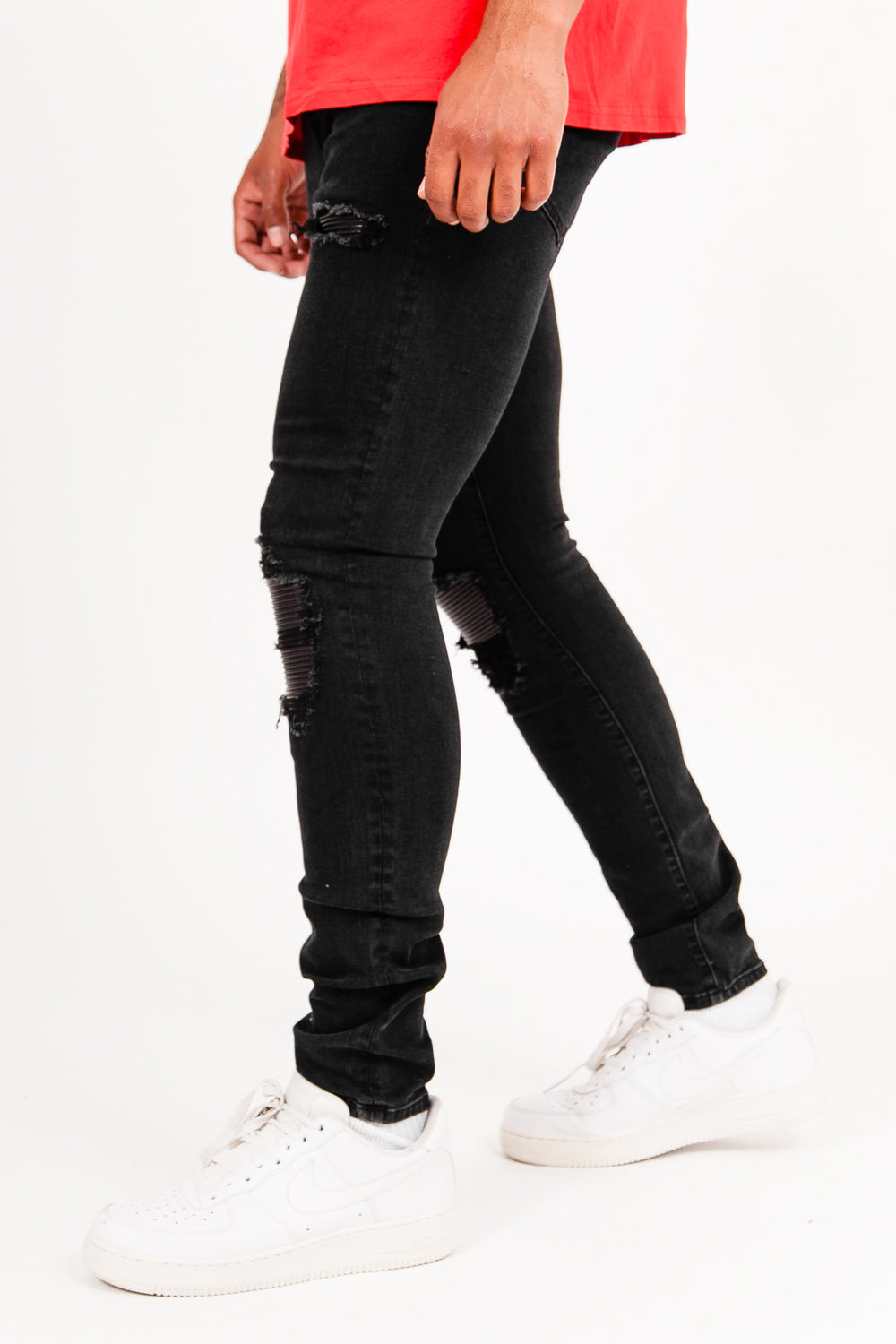 Sixth June - Jean empiècement simili cuir noir