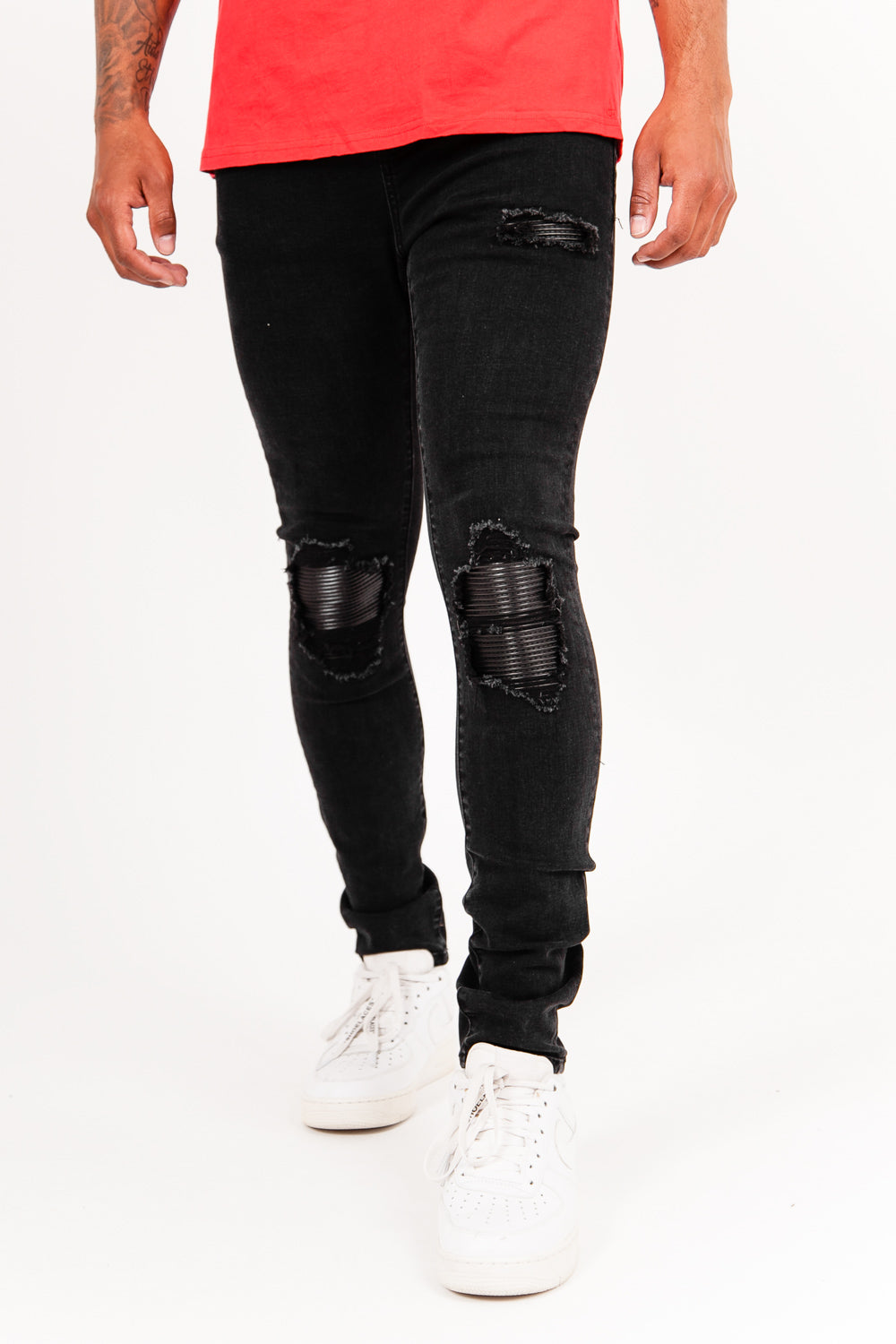 Sixth June - Jean empiècement simili cuir noir