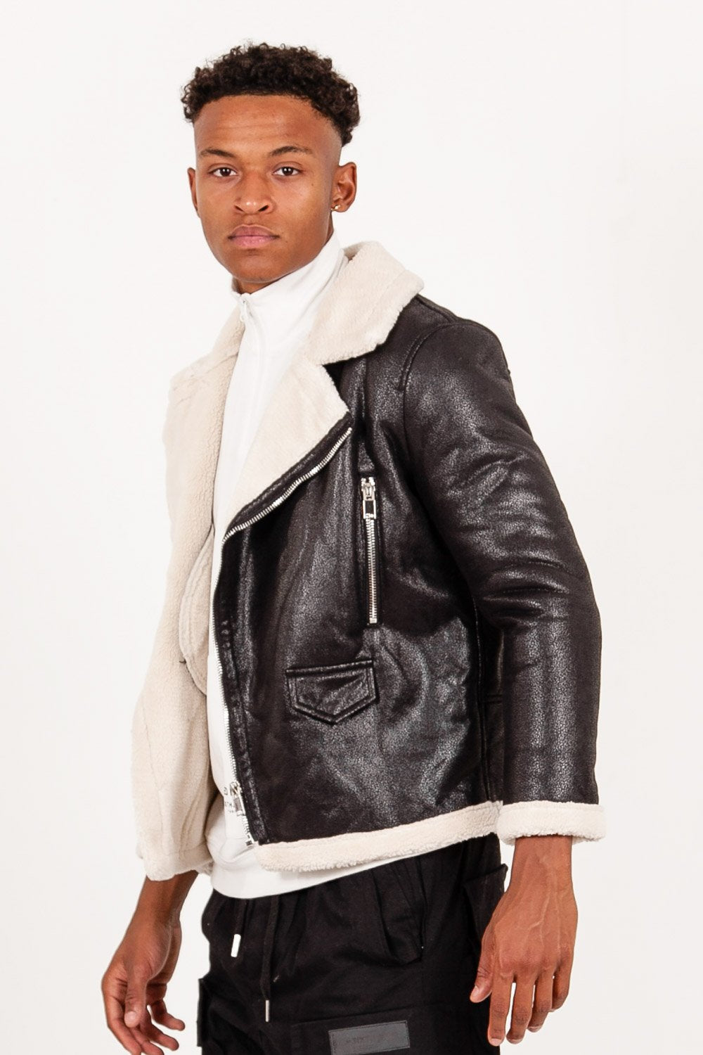 Sherpa zip aviator jacket black