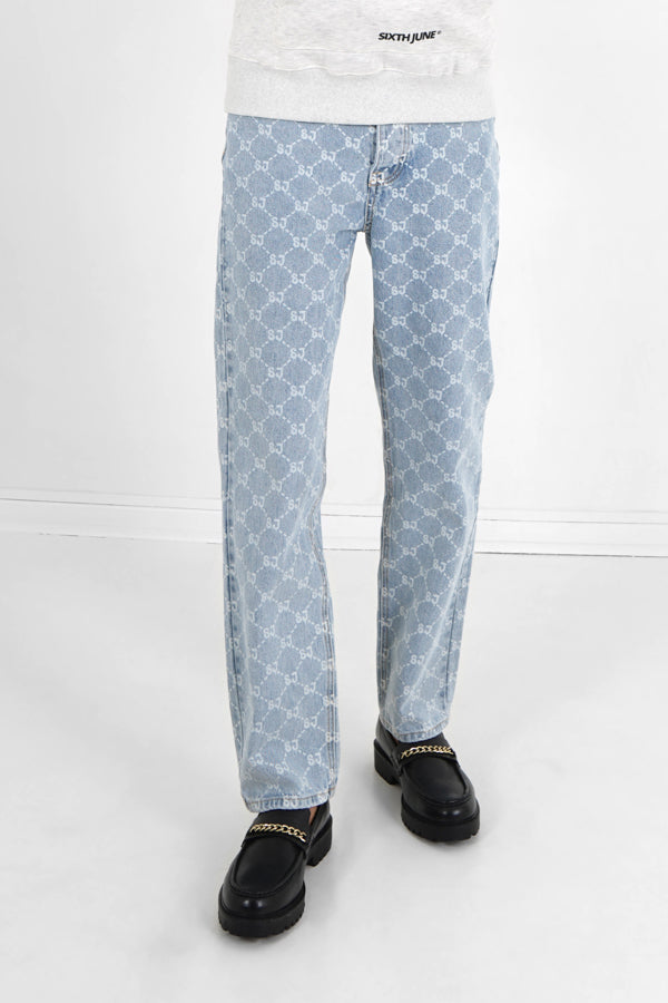 Sixth June - Jean droit monogramme délavé Bleu