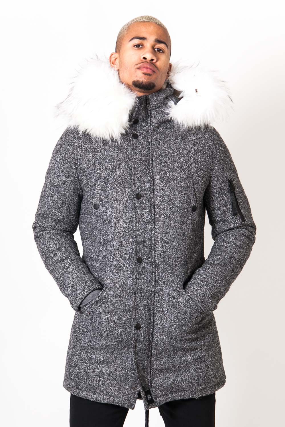 Sixth June - Parka laine large fourrure gris blanc