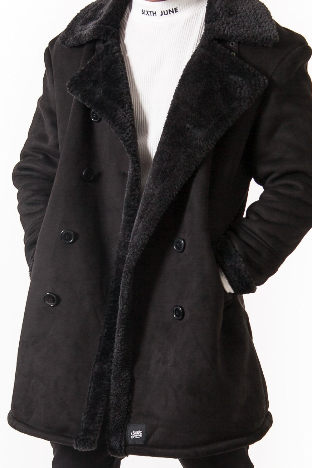 Sixth June - Caban croisé fourrure suede noir