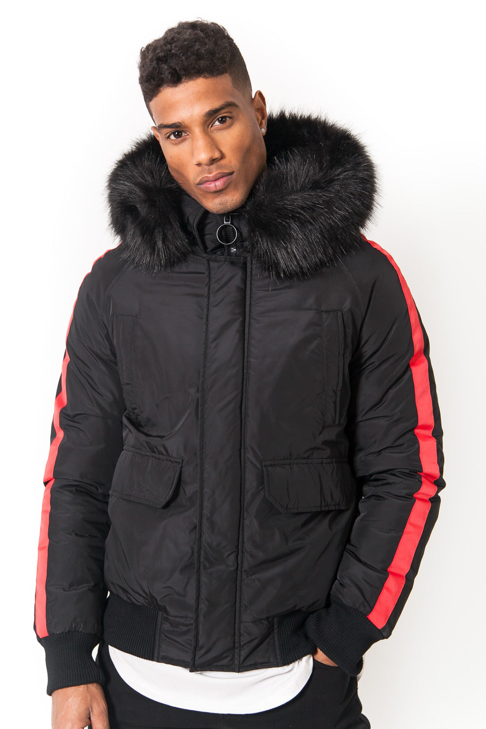 Sixth June - Blouson bandes fourrure noir rouge