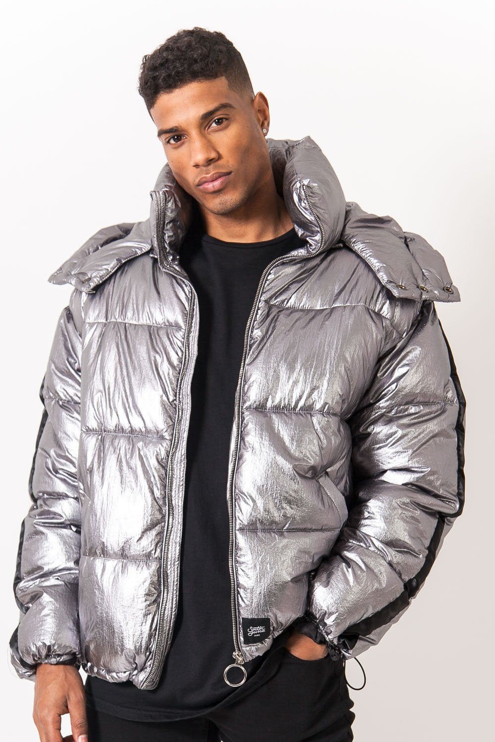Taping Puffer Jacket Silver Black