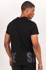 Schwarzes T-Shirt mit reflektierendem Petroleum-Print