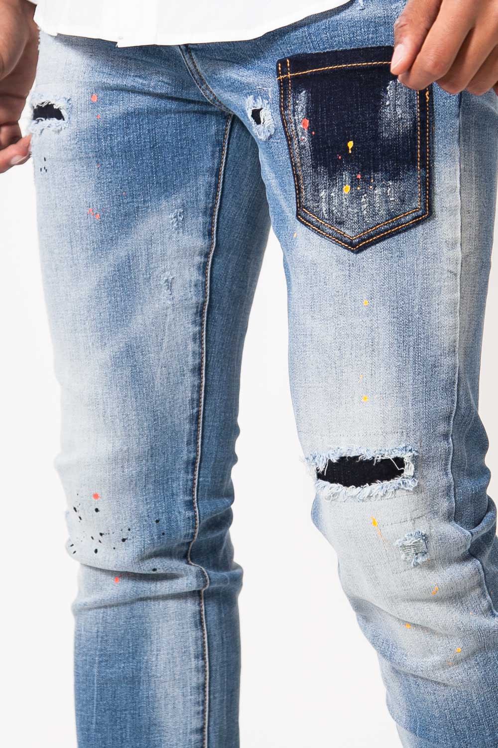 Jean poche tâches multicolores bleu