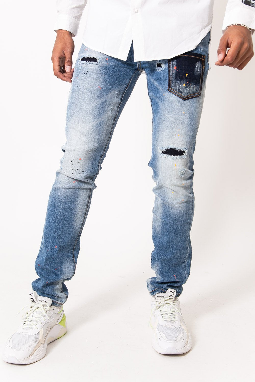 Jean poche tâches multicolores bleu