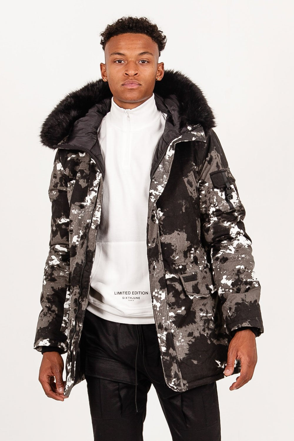 Sixth June - Parka fourrure imprimé montagne Noir