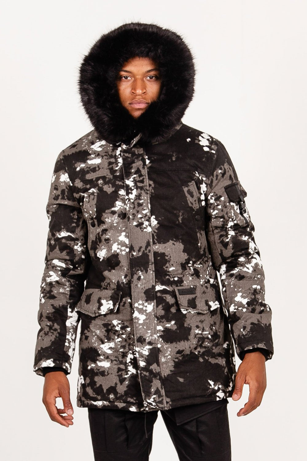 Sixth June - Parka fourrure imprimé montagne Noir