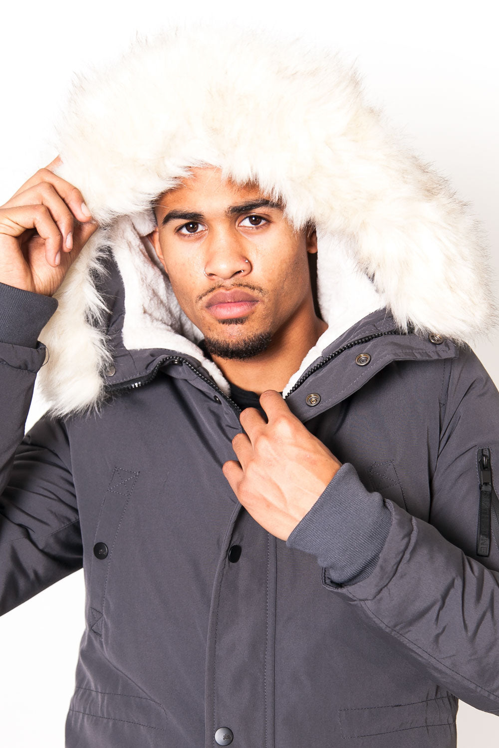 Sixth June - Parka nylon doublure fourrure gris foncé beige