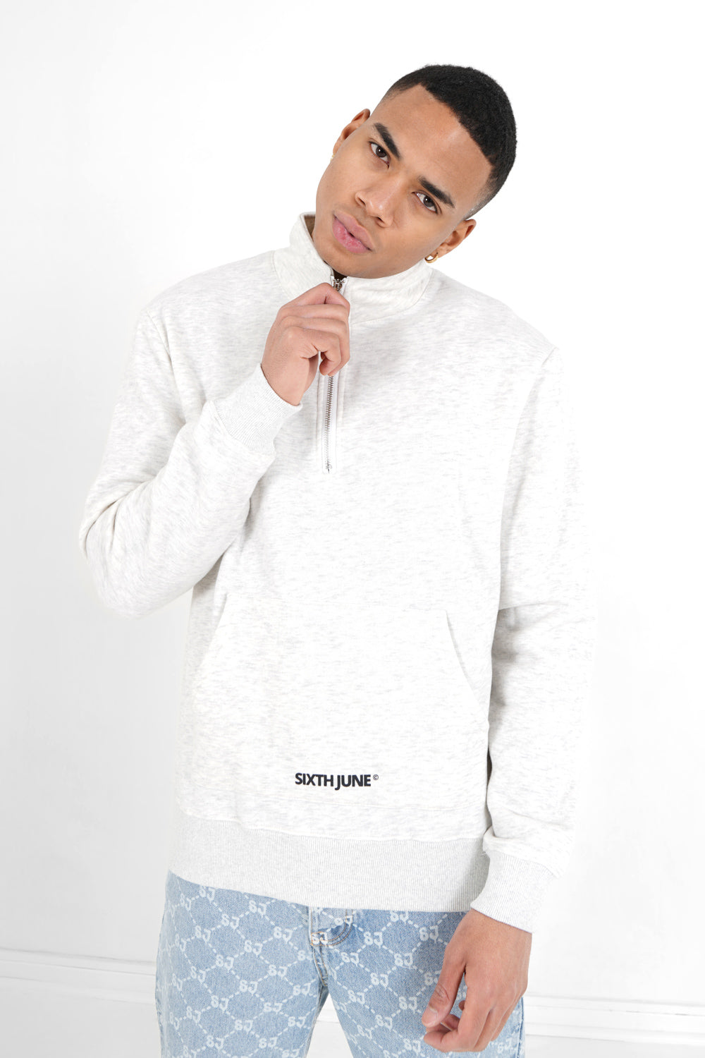 Sixth June - Sweatshirt col zip logo Gris clair