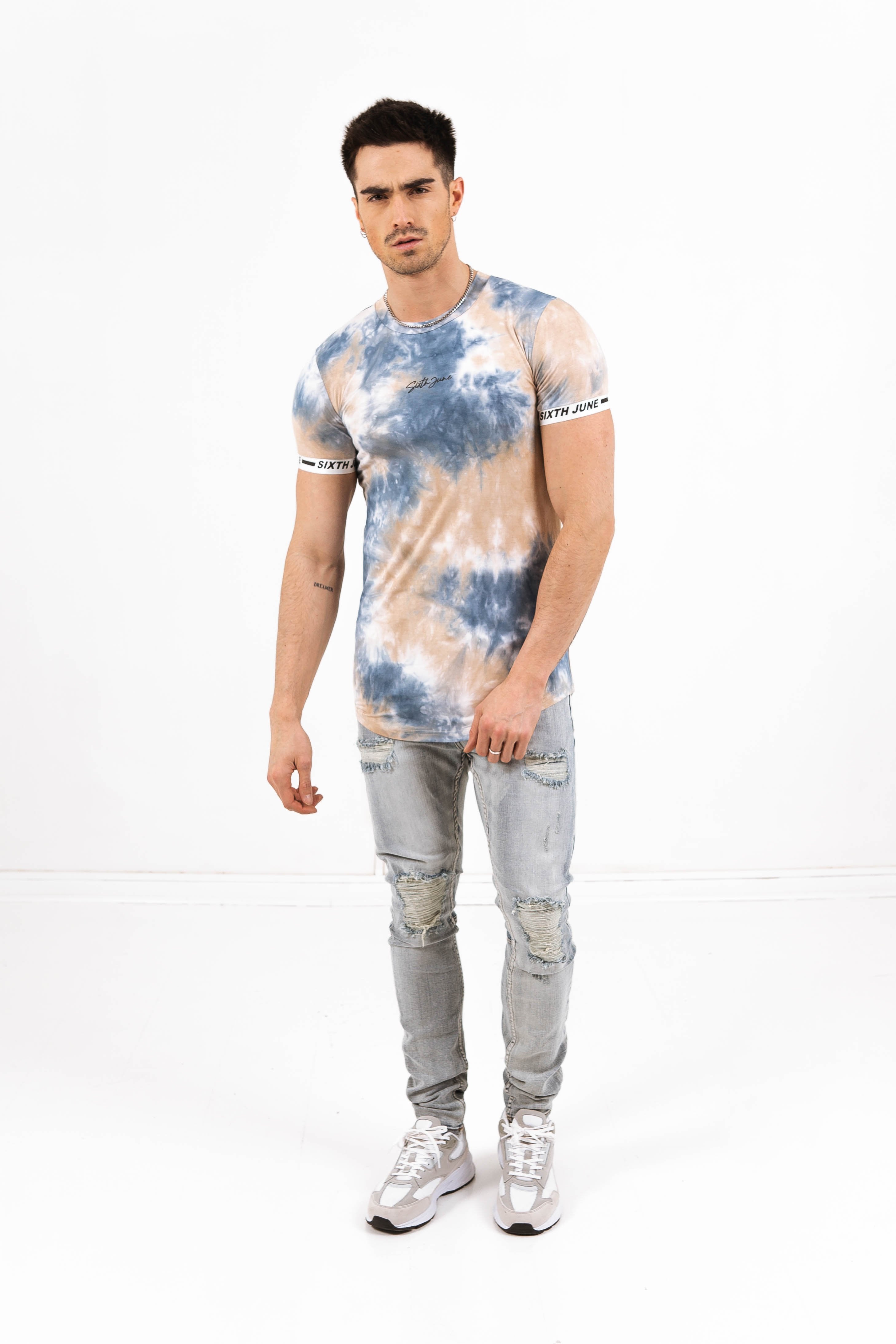 Sixth June - T-shirt tie dye élastique bleu beige