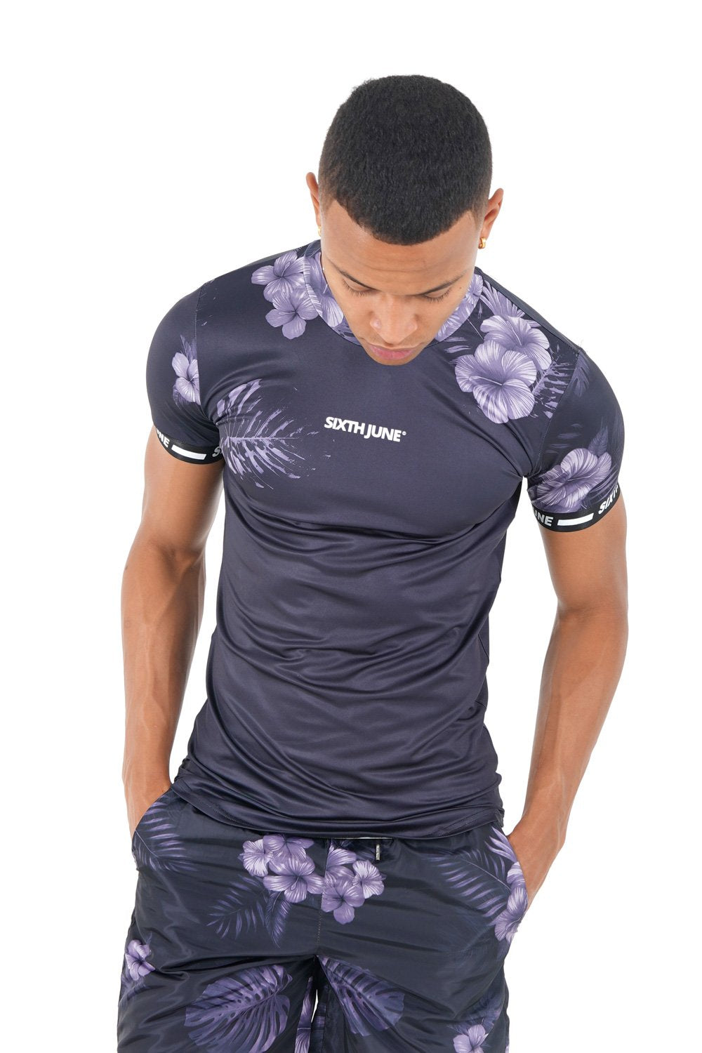 Sixth June - T-shirt flowers bandes stretch Noir