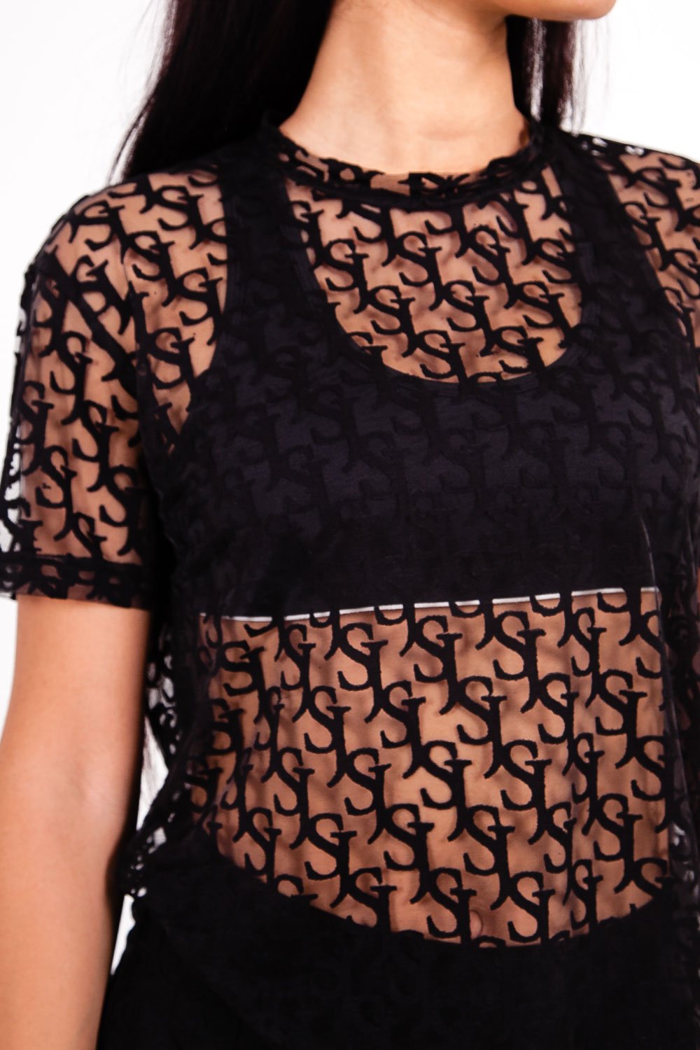 T-shirt long transparent imprimé Noir