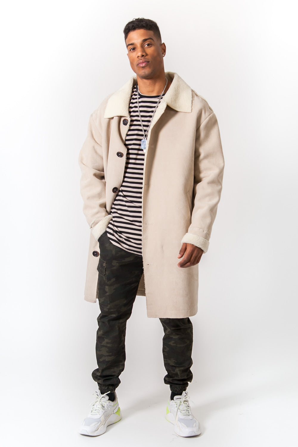 Sixth June - Manteau large revers faux mouton beige