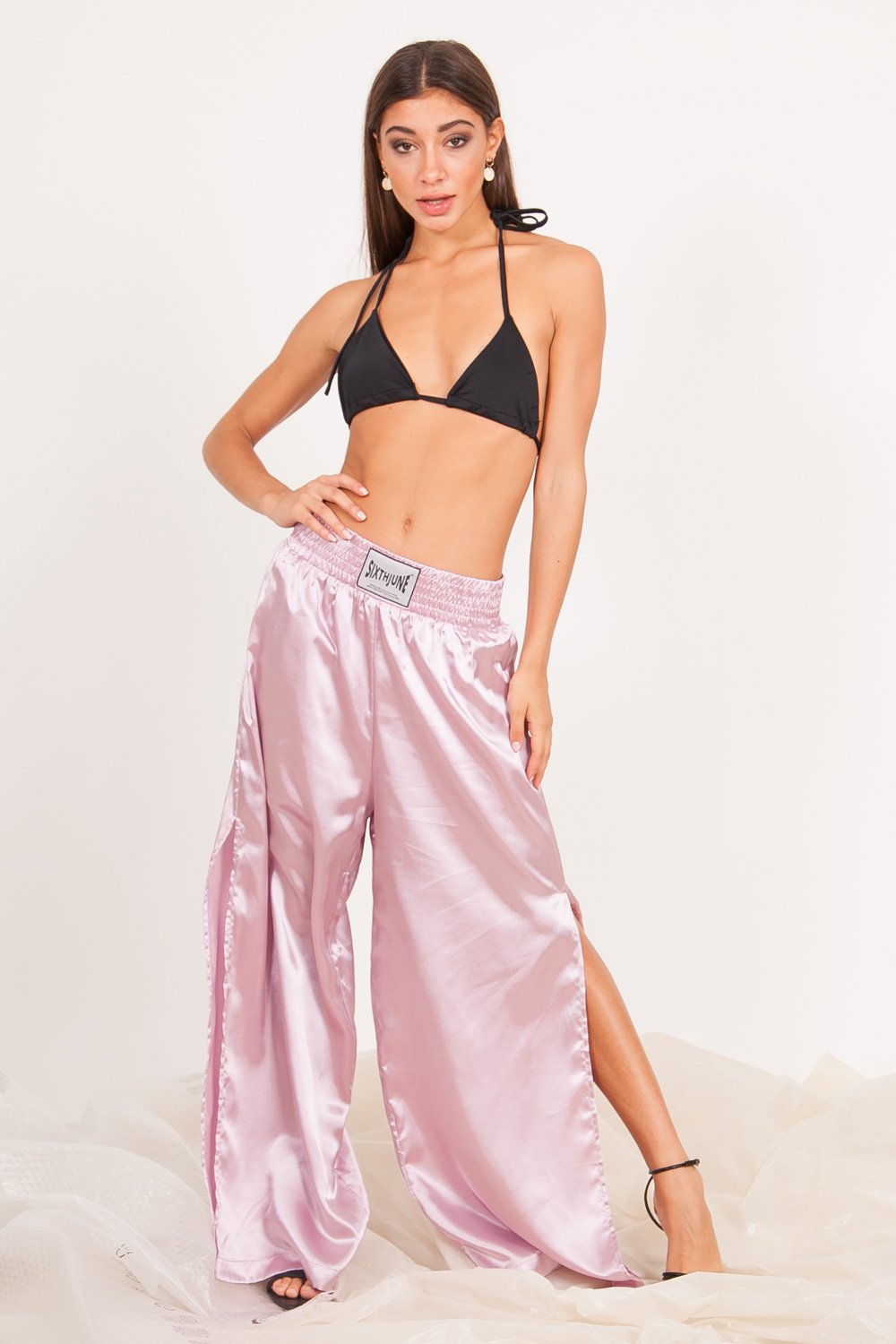 Pantalon évasé boxe logo rose